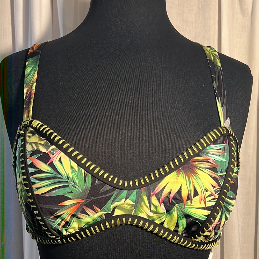 Lucky Brand black & lime green tropical print bikini top - NWT